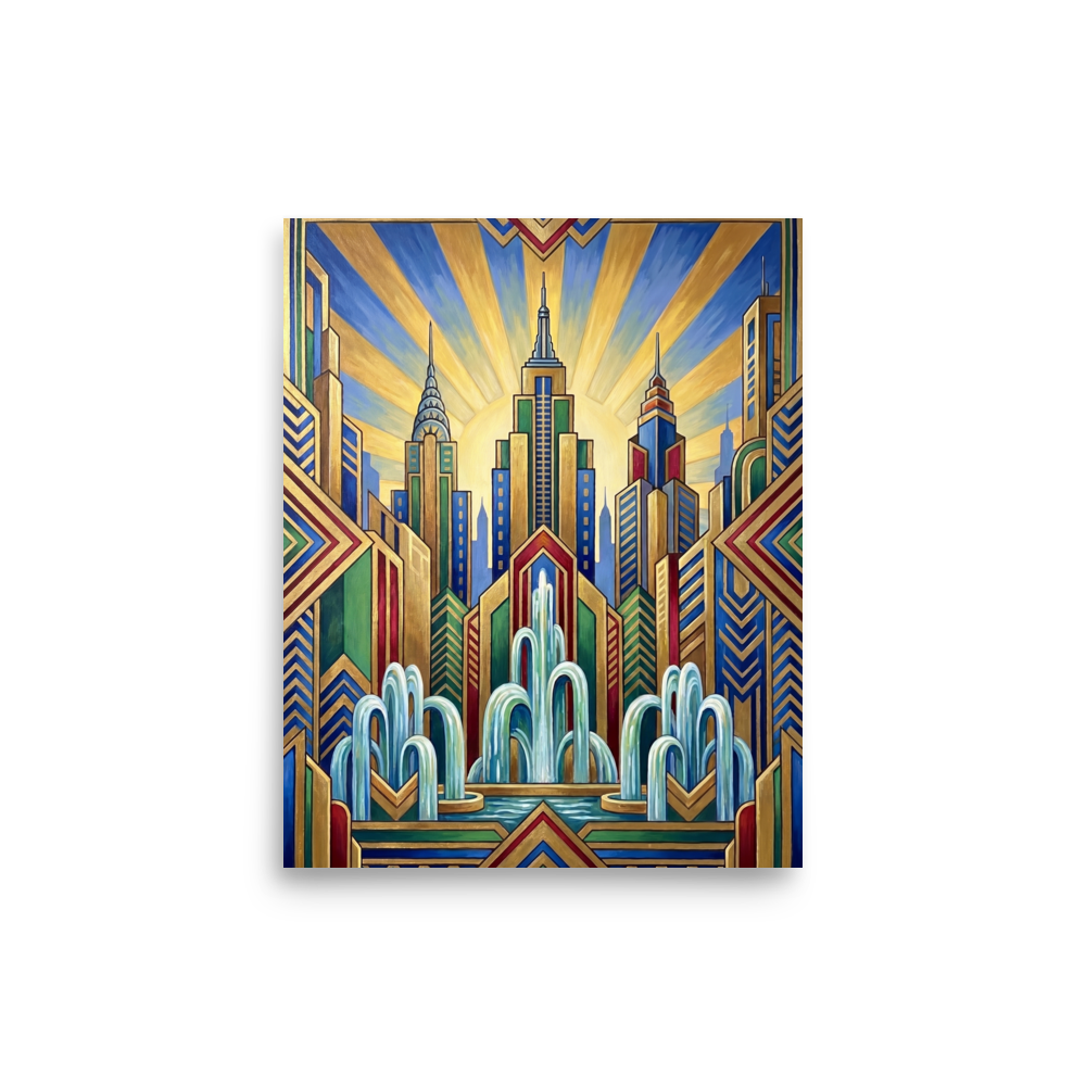'The Fountain of Progress' — a Art Deco print. A colorful Art Deco painting of cascading fountains set against a geometric city skyline and a rising sunburst.