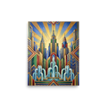 'The Fountain of Progress' — a Art Deco print. A colorful Art Deco painting of cascading fountains set against a geometric city skyline and a rising sunburst.