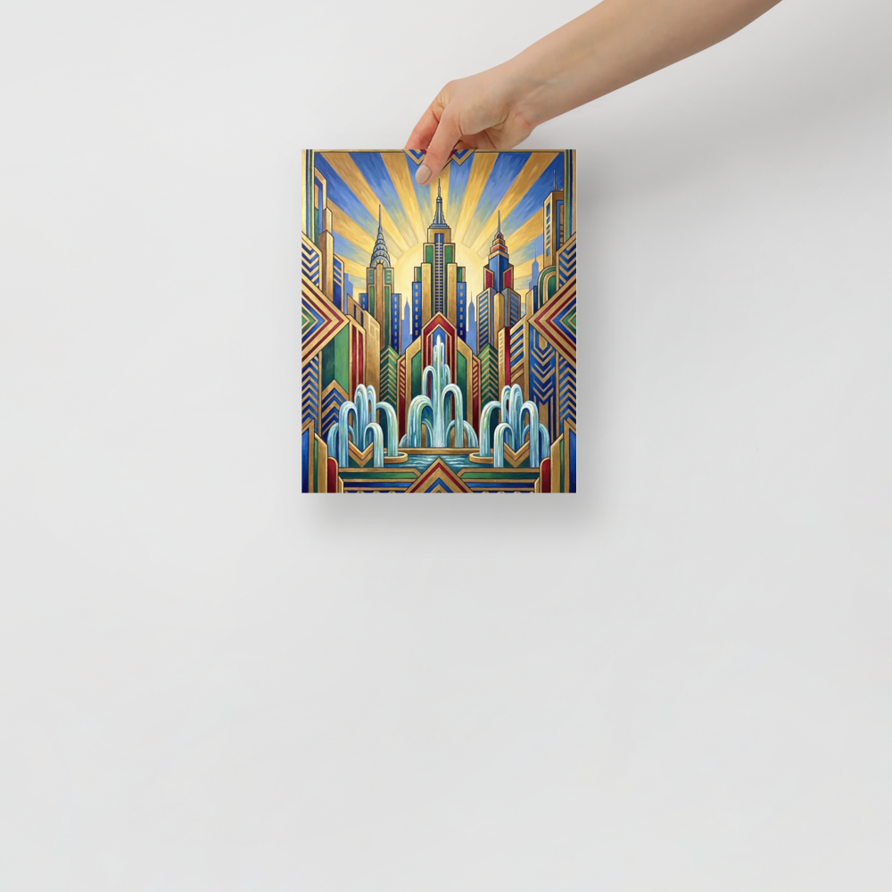 'The Fountain of Progress' — a Art Deco print. A colorful Art Deco painting of cascading fountains set against a geometric city skyline and a rising sunburst.