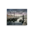 'Harbor at Dusk' — a Realism print. Watercolor painting of fishing boats moored in a calm harbor under a dark, stormy sky, perfect for a moody living room.
