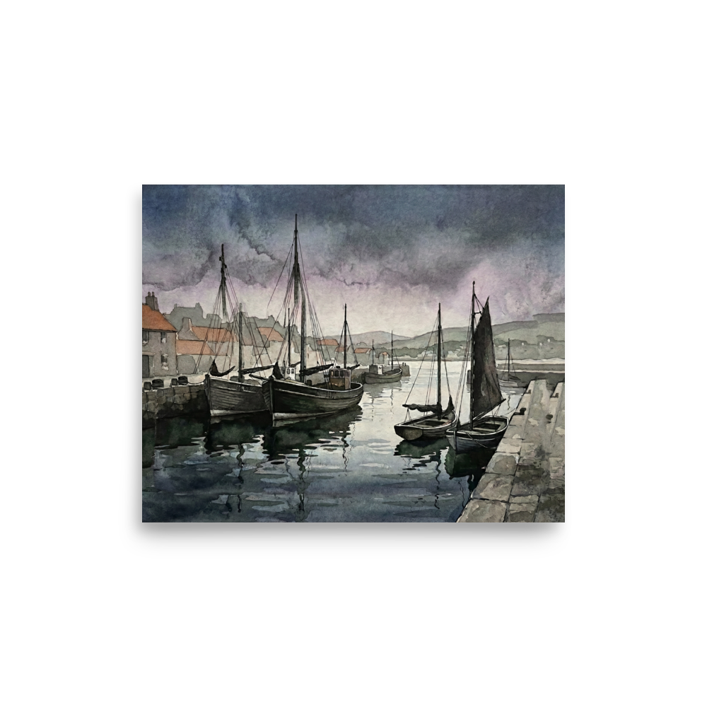 'Harbor at Dusk' — a Realism print. Watercolor painting of fishing boats moored in a calm harbor under a dark, stormy sky, perfect for a moody living room.