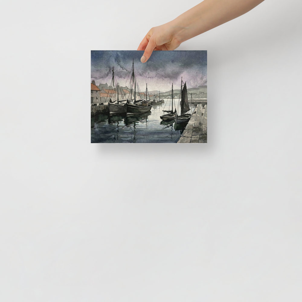 'Harbor at Dusk' — a Realism print. Watercolor painting of fishing boats moored in a calm harbor under a dark, stormy sky, perfect for a moody living room.