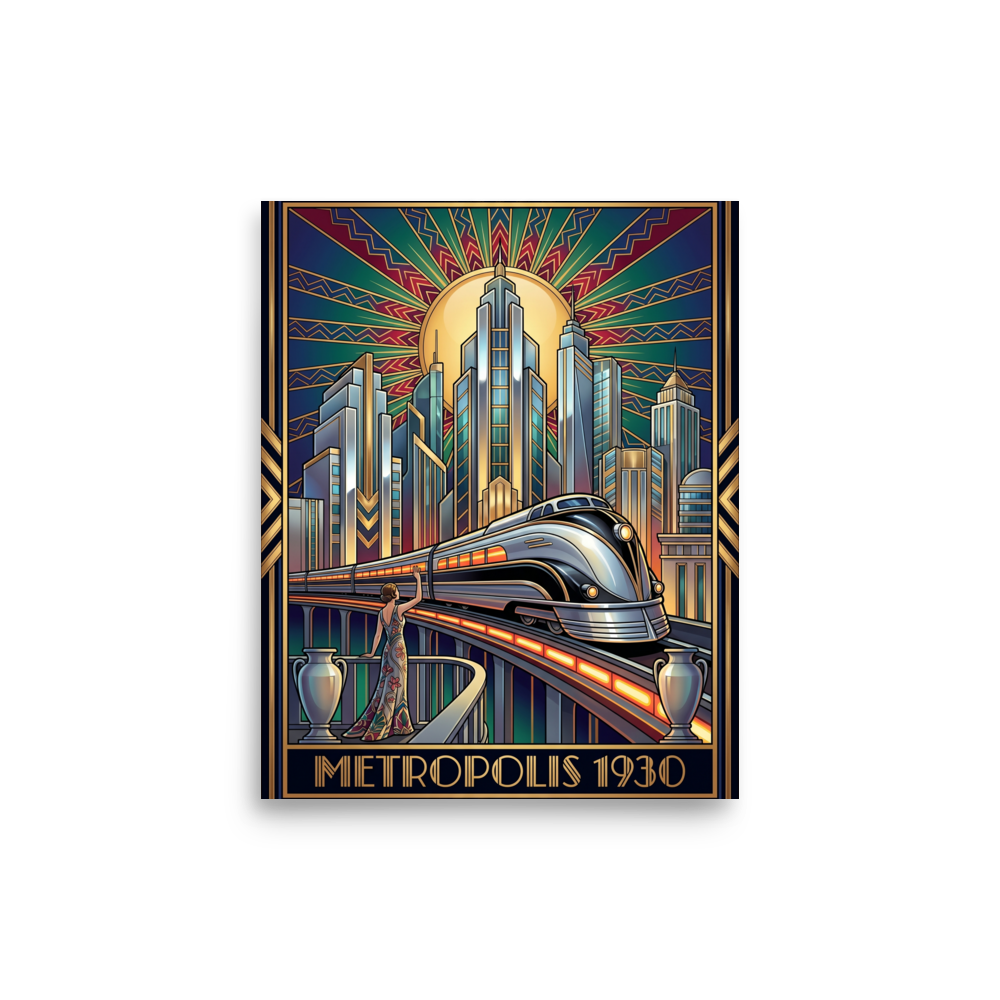 'Monochrome Metropolis' — a Art Deco print. A bold black and white Art Deco painting of a stylized city with cars and winding roads.