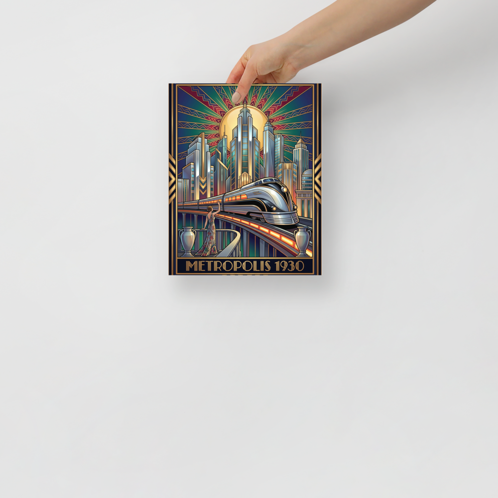 'Monochrome Metropolis' — a Art Deco print. A bold black and white Art Deco painting of a stylized city with cars and winding roads.