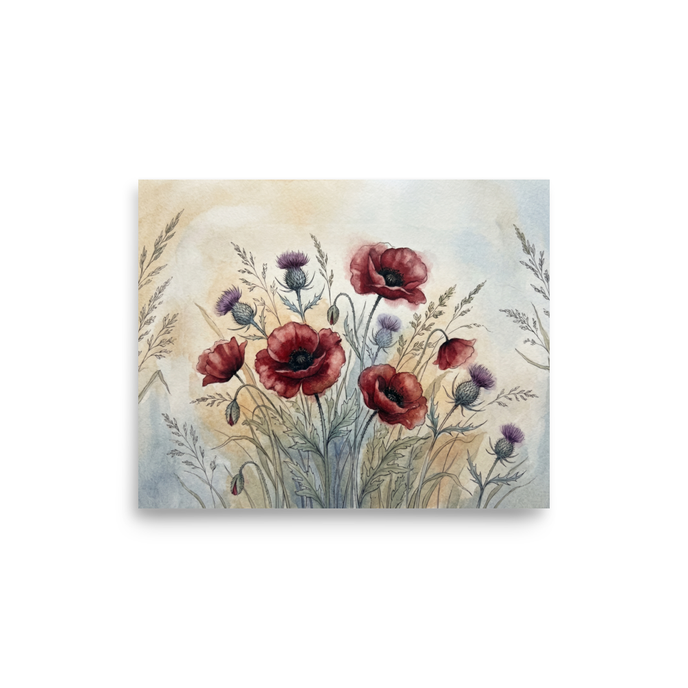 'Wildflower Medley' — a Realism print. Delicate watercolor painting of red poppies and purple thistles against a soft background, perfect for a serene bedroom.