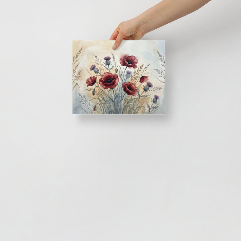 'Wildflower Medley' — a Realism print. Delicate watercolor painting of red poppies and purple thistles against a soft background, perfect for a serene bedroom.