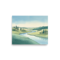 'Valley Stream' — a Realism print. Serene watercolor landscape of a winding river flowing through rolling green hills, perfect for a calm living room.