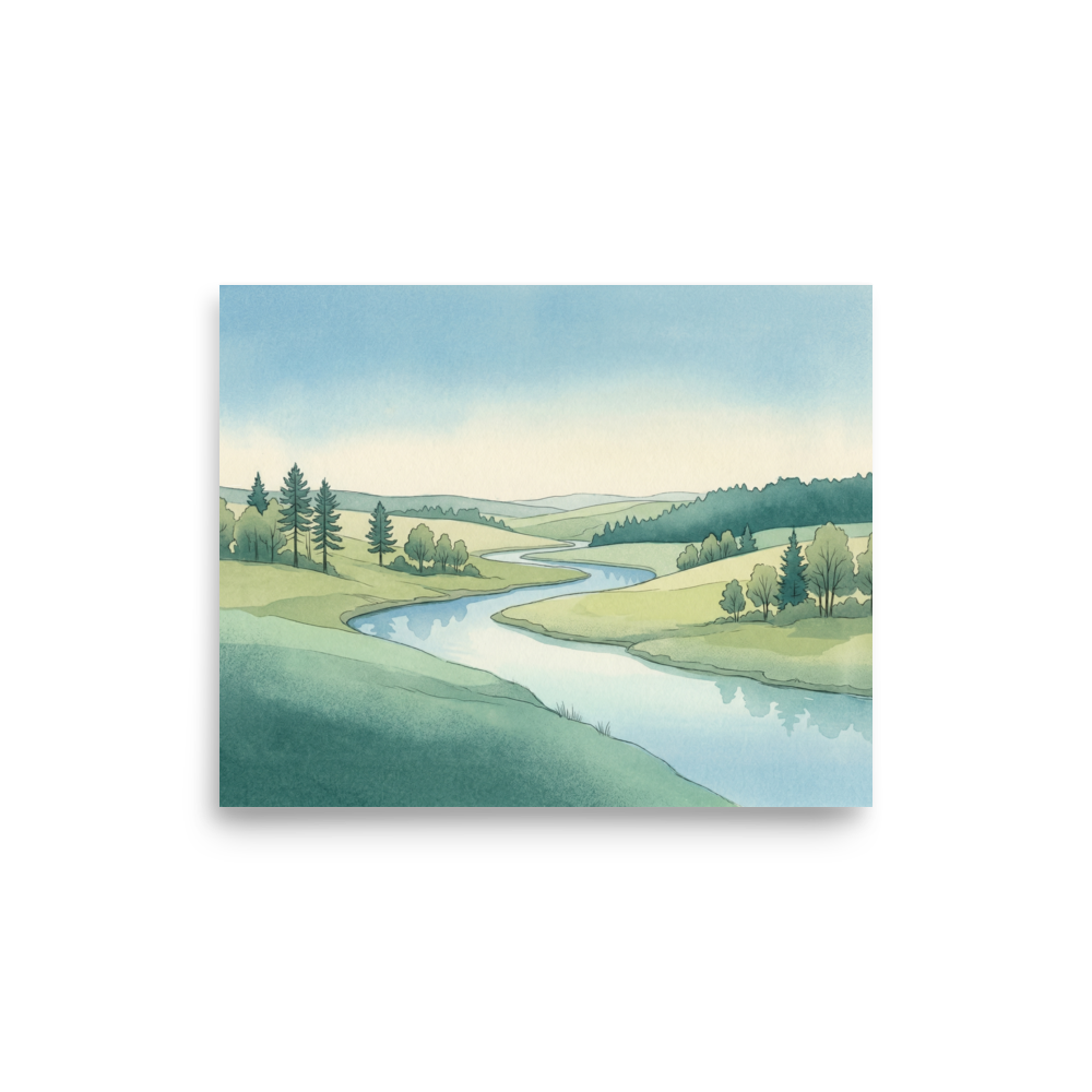 'Valley Stream' — a Realism print. Serene watercolor landscape of a winding river flowing through rolling green hills, perfect for a calm living room.