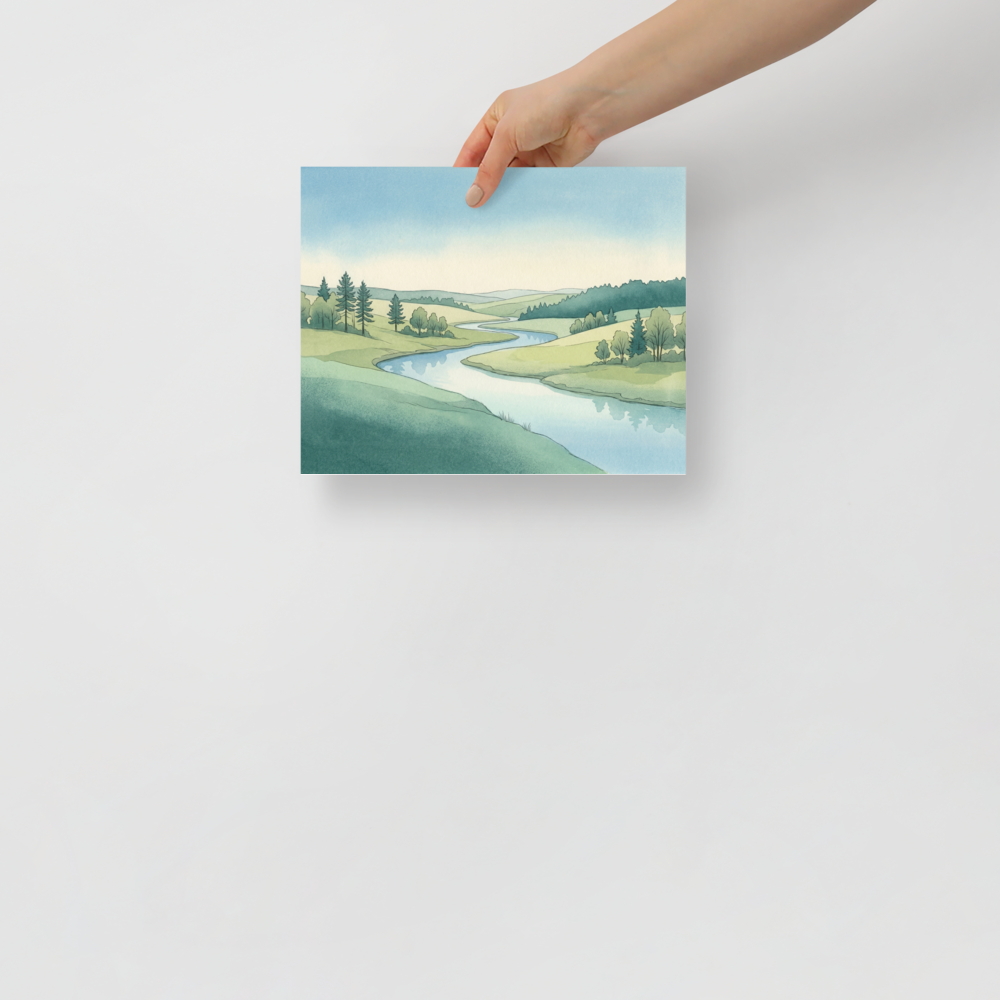 'Valley Stream' — a Realism print. Serene watercolor landscape of a winding river flowing through rolling green hills, perfect for a calm living room.