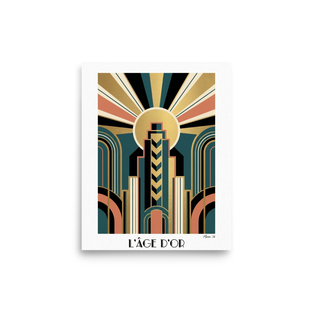'Metropolis 1930' — a Art Deco print. An Art Deco travel poster reading Metropolis 1930, showing a woman watching a sleek train pass by a glowing city.