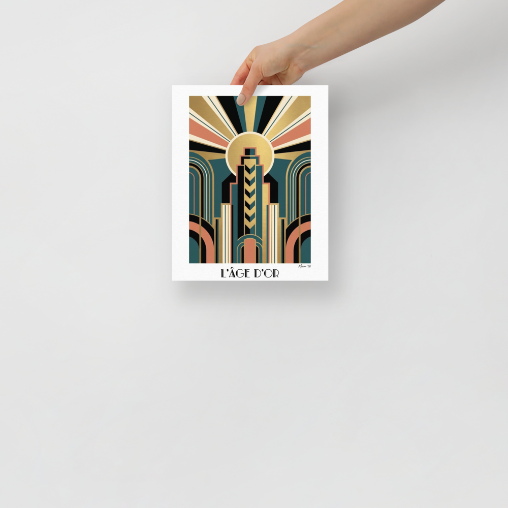'Metropolis 1930' — a Art Deco print. An Art Deco travel poster reading Metropolis 1930, showing a woman watching a sleek train pass by a glowing city.