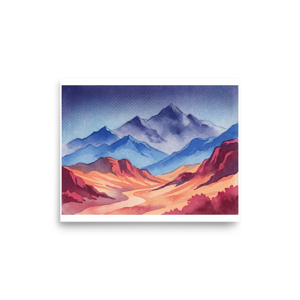 'Mountain Dawn' — a Realism print. Vibrant watercolor landscape painting showing cool blue mountain peaks rising above warm orange and red valleys, perfect for an inviting living room.