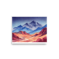 'Mountain Dawn' — a Realism print. Vibrant watercolor landscape painting showing cool blue mountain peaks rising above warm orange and red valleys, perfect for an inviting living room.