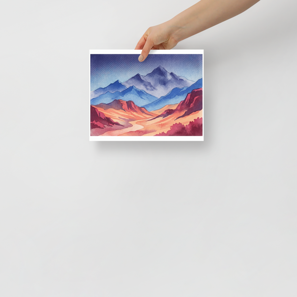 'Mountain Dawn' — a Realism print. Vibrant watercolor landscape painting showing cool blue mountain peaks rising above warm orange and red valleys, perfect for an inviting living room.
