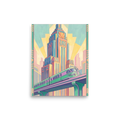 'The Pastel Express' — a Art Deco print. An Art Deco painting of a green and purple train passing by a tall skyscraper painted in soft pastel colors.