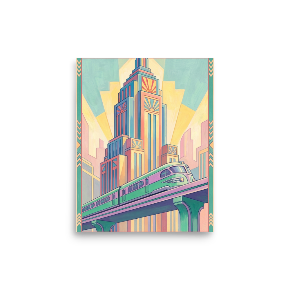 'The Pastel Express' — a Art Deco print. An Art Deco painting of a green and purple train passing by a tall skyscraper painted in soft pastel colors.