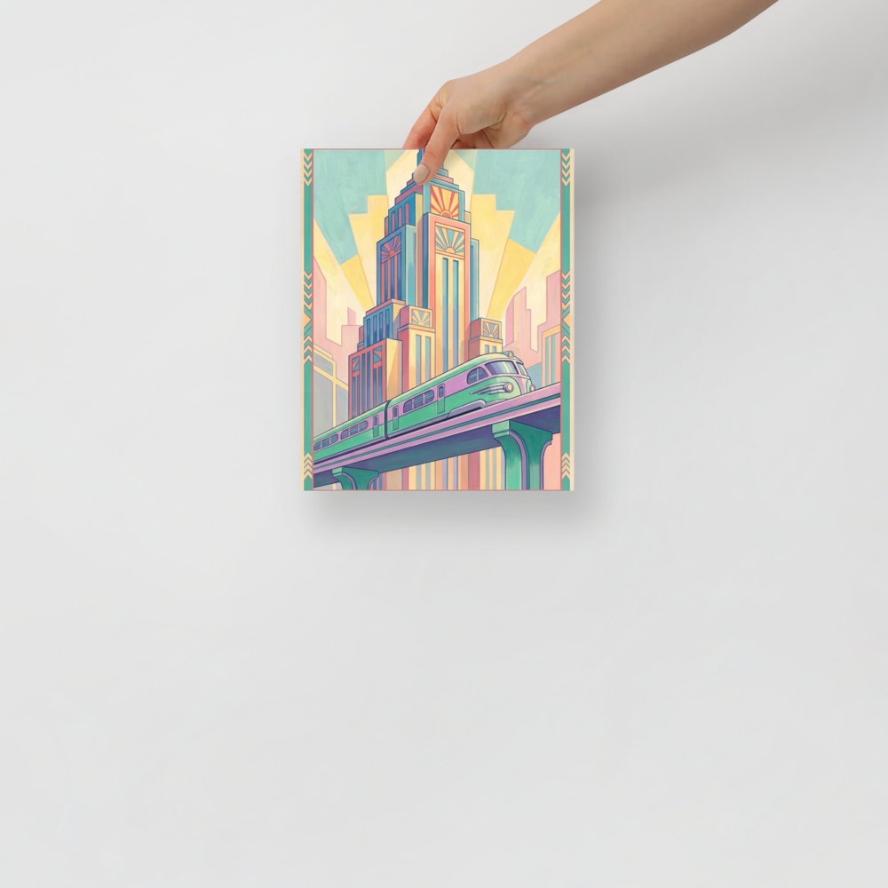 'The Pastel Express' — a Art Deco print. An Art Deco painting of a green and purple train passing by a tall skyscraper painted in soft pastel colors.