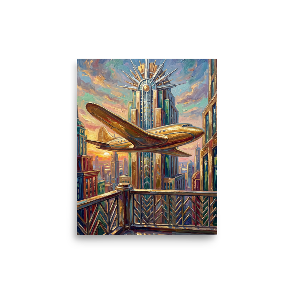 'Flight Over the Golden Tower' — a Art Deco print. A golden airplane flies past a towering, ornate skyscraper against a vibrant sunset in this striking piece, perfect for an office or living room.