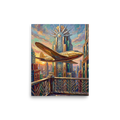 'Flight Over the Golden Tower' — a Art Deco print. A golden airplane flies past a towering, ornate skyscraper against a vibrant sunset in this striking piece, perfect for an office or living room.