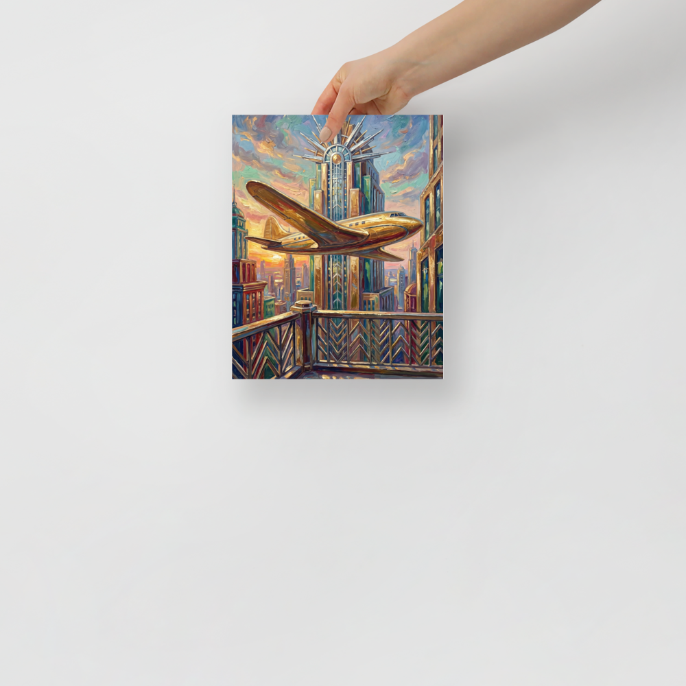 'Flight Over the Golden Tower' — a Art Deco print. A golden airplane flies past a towering, ornate skyscraper against a vibrant sunset in this striking piece, perfect for an office or living room.