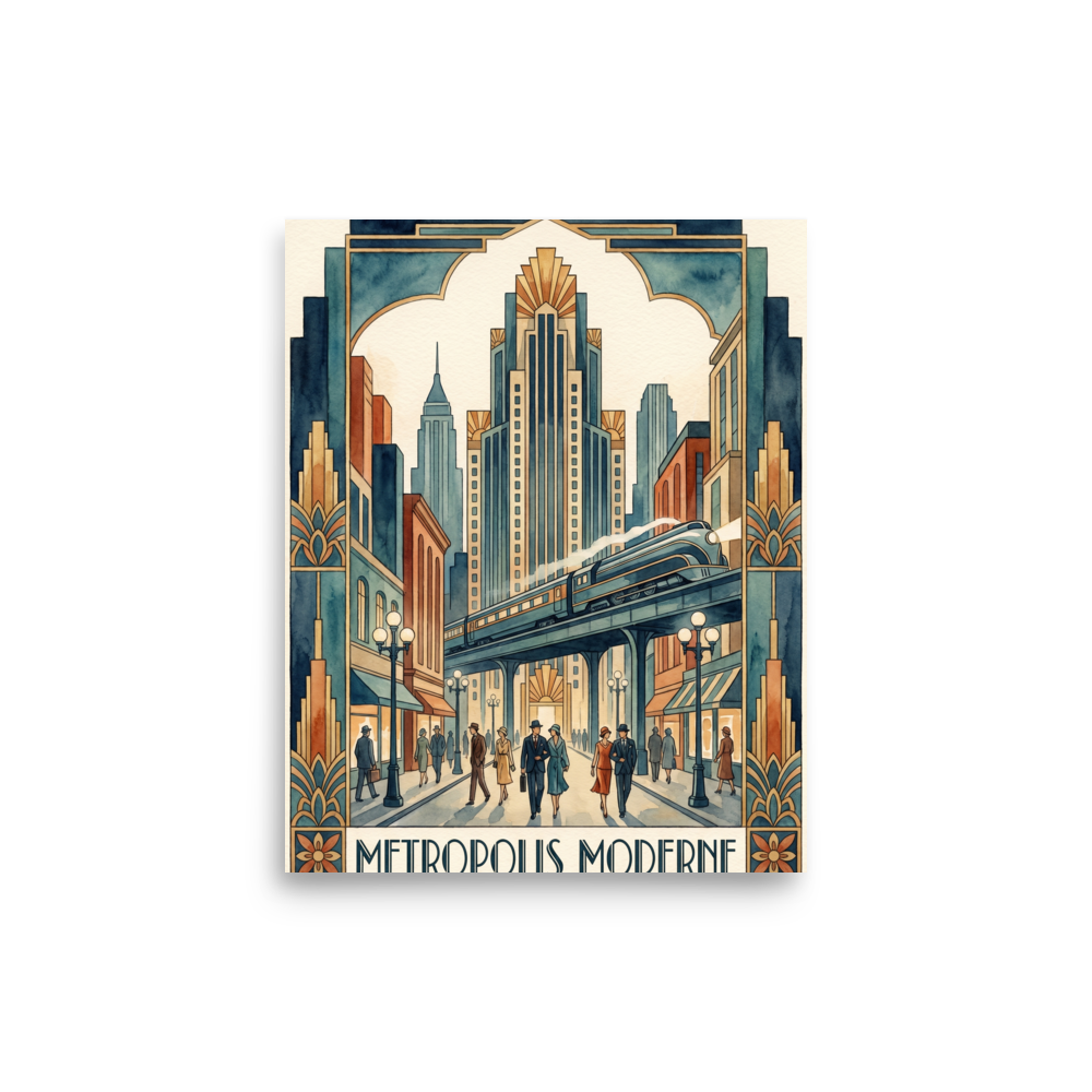 'Metropolis Moderne Stroll' — a Art Deco print. A watercolor illustration of people in vintage clothing walking down a grand city street beneath an elevated train, an elegant addition to a hallway or living room.