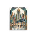 'Metropolis Moderne Stroll' — a Art Deco print. A watercolor illustration of people in vintage clothing walking down a grand city street beneath an elevated train, an elegant addition to a hallway or living room.