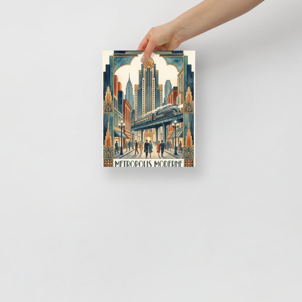 'Metropolis Moderne Stroll' — a Art Deco print. A watercolor illustration of people in vintage clothing walking down a grand city street beneath an elevated train, an elegant addition to a hallway or living room.