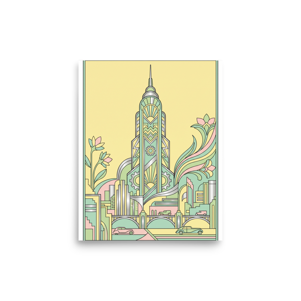 'The Emerald Spire' — a Art Deco print. A stylized, geometric tower surrounded by floral motifs in soft pastel shades, a striking piece for a bedroom or sunroom.