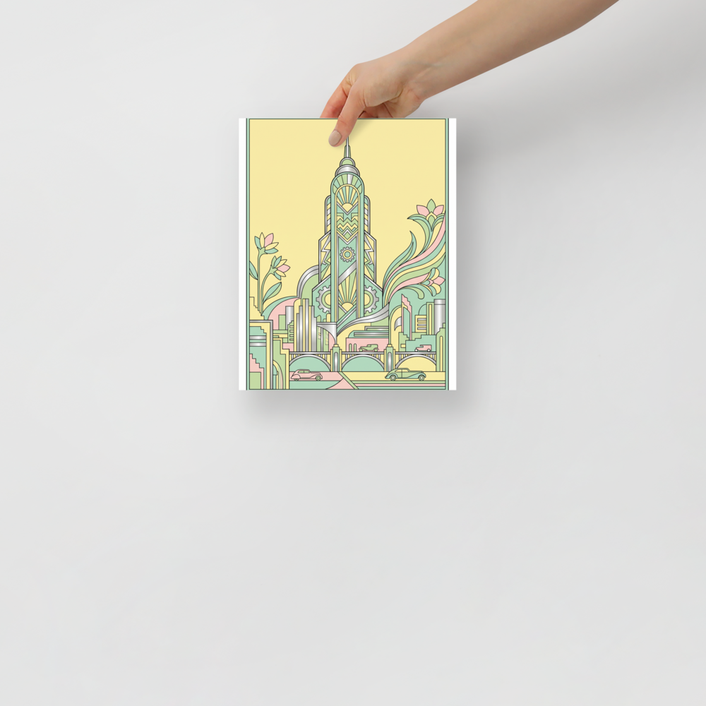 'The Emerald Spire' — a Art Deco print. A stylized, geometric tower surrounded by floral motifs in soft pastel shades, a striking piece for a bedroom or sunroom.