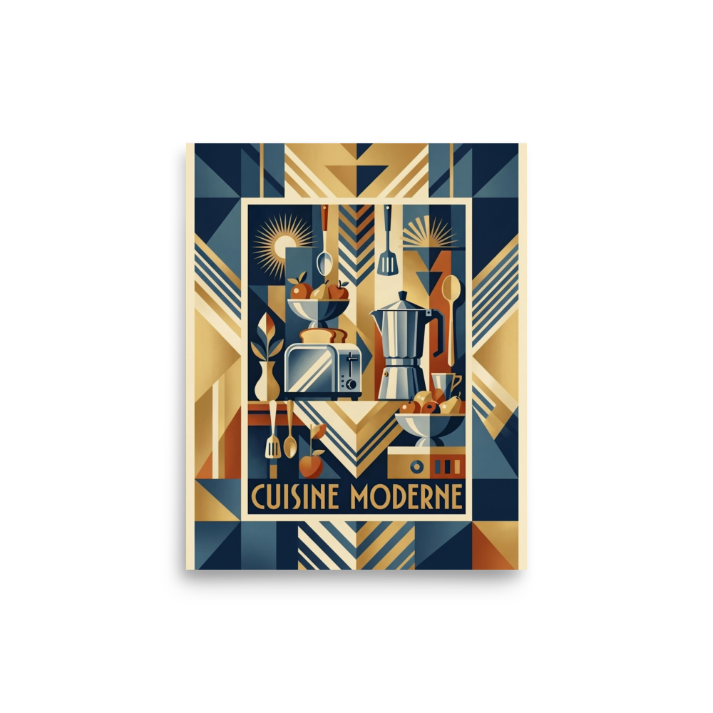 'Cuisine Moderne' — a Art Deco print. A bold, geometric still life featuring a toaster and coffee maker in striking shapes and colors, perfect for a kitchen or dining room.