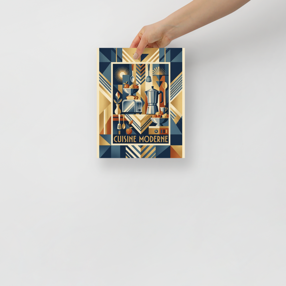 'Cuisine Moderne' — a Art Deco print. A bold, geometric still life featuring a toaster and coffee maker in striking shapes and colors, perfect for a kitchen or dining room.