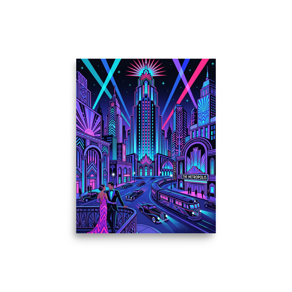'Neon Nights at The Metropolis' — a Art Deco print. A vibrant neon cityscape featuring a glowing skyscraper, a vintage theater, and a stylish couple, a striking choice for a home bar or game room.