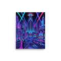 'Neon Nights at The Metropolis' — a Art Deco print. A vibrant neon cityscape featuring a glowing skyscraper, a vintage theater, and a stylish couple, a striking choice for a home bar or game room.