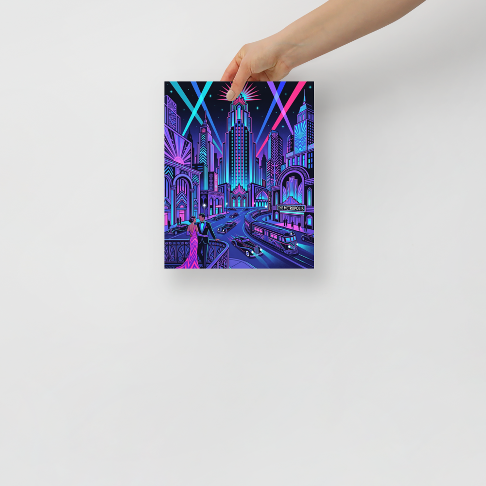 'Neon Nights at The Metropolis' — a Art Deco print. A vibrant neon cityscape featuring a glowing skyscraper, a vintage theater, and a stylish couple, a striking choice for a home bar or game room.
