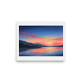 'Twilight on the Lake' — a Impressionism,Romanticism print. A serene sunset landscape with pink and orange skies reflecting on a calm lake, framed by dark mountain silhouettes.
