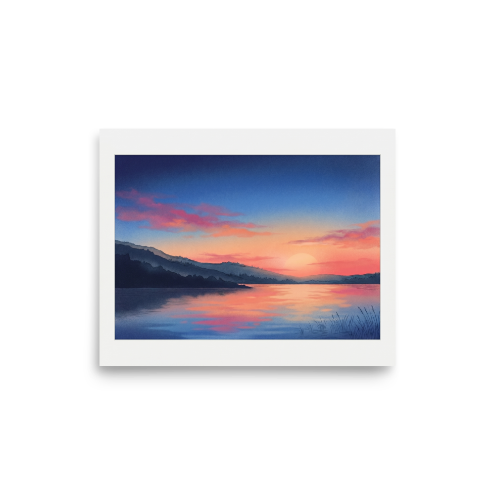 'Twilight on the Lake' — a Impressionism,Romanticism print. A serene sunset landscape with pink and orange skies reflecting on a calm lake, framed by dark mountain silhouettes.