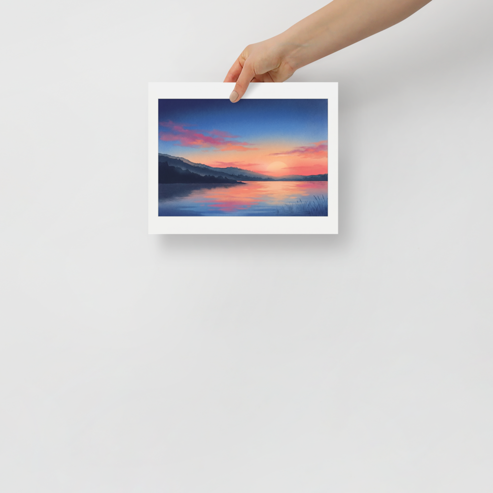 'Twilight on the Lake' — a Impressionism,Romanticism print. A serene sunset landscape with pink and orange skies reflecting on a calm lake, framed by dark mountain silhouettes.