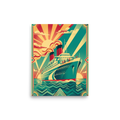'Voyage of the Sunburst' — a Art Deco print. A vintage-style travel poster of a grand ocean liner sailing on geometric waves under a bold sunburst sky, an adventurous piece for a home office or den.
