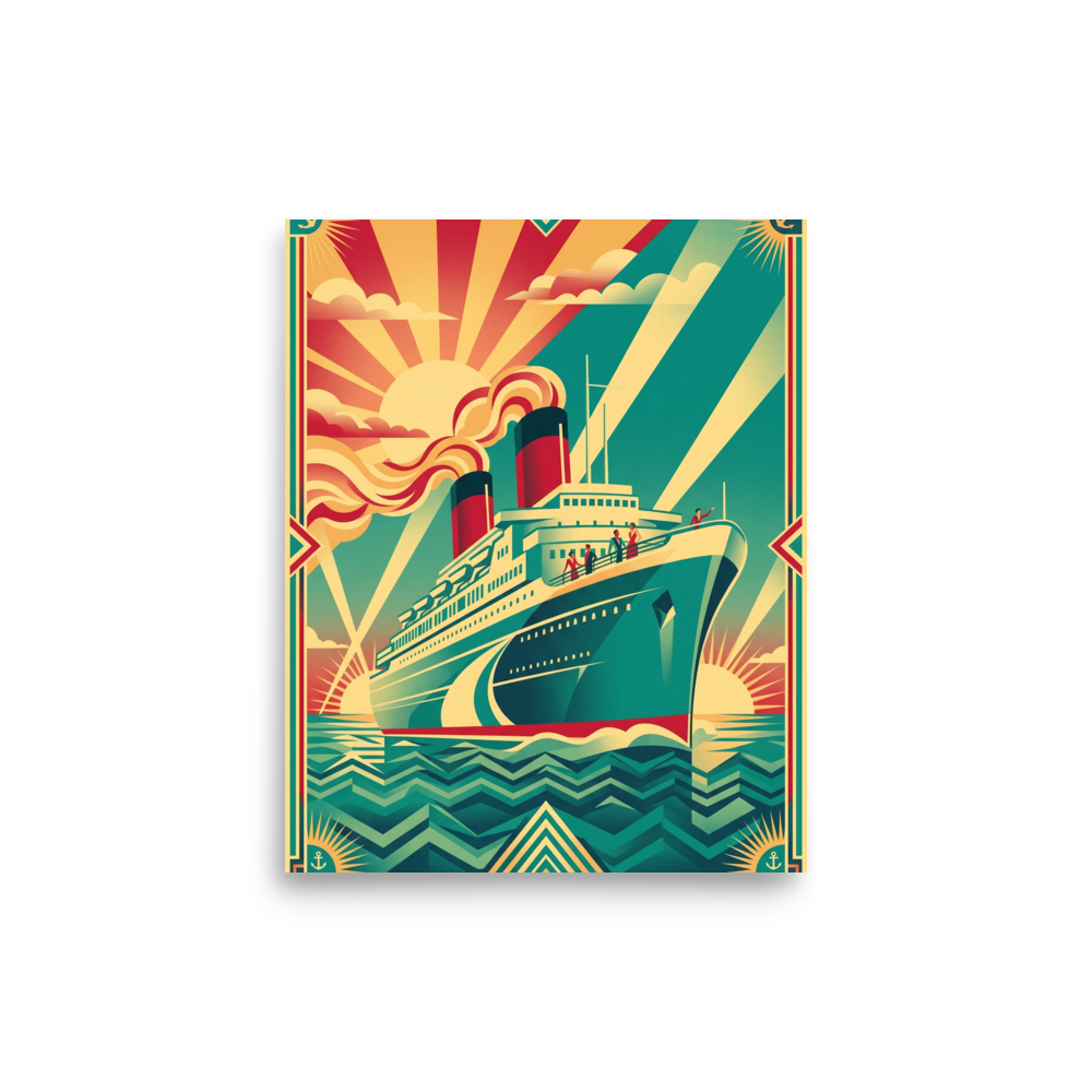 'Voyage of the Sunburst' — a Art Deco print. A vintage-style travel poster of a grand ocean liner sailing on geometric waves under a bold sunburst sky, an adventurous piece for a home office or den.