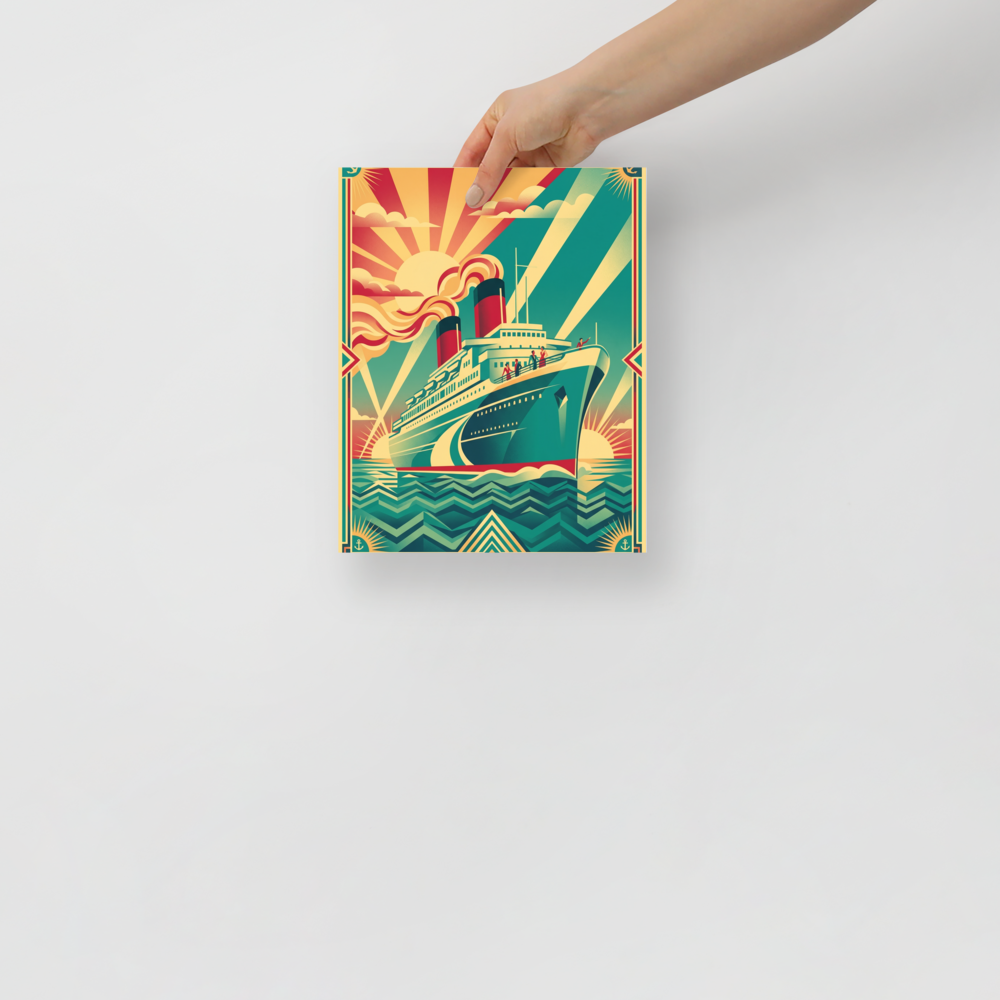 'Voyage of the Sunburst' — a Art Deco print. A vintage-style travel poster of a grand ocean liner sailing on geometric waves under a bold sunburst sky, an adventurous piece for a home office or den.