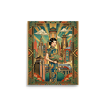 'Shanghai Moderne' — a Art Deco print. An intricate illustration of an elegant woman in a qipao standing before a blending of Art Deco skyscrapers and Chinese pagodas, a sophisticated choice for a living room.