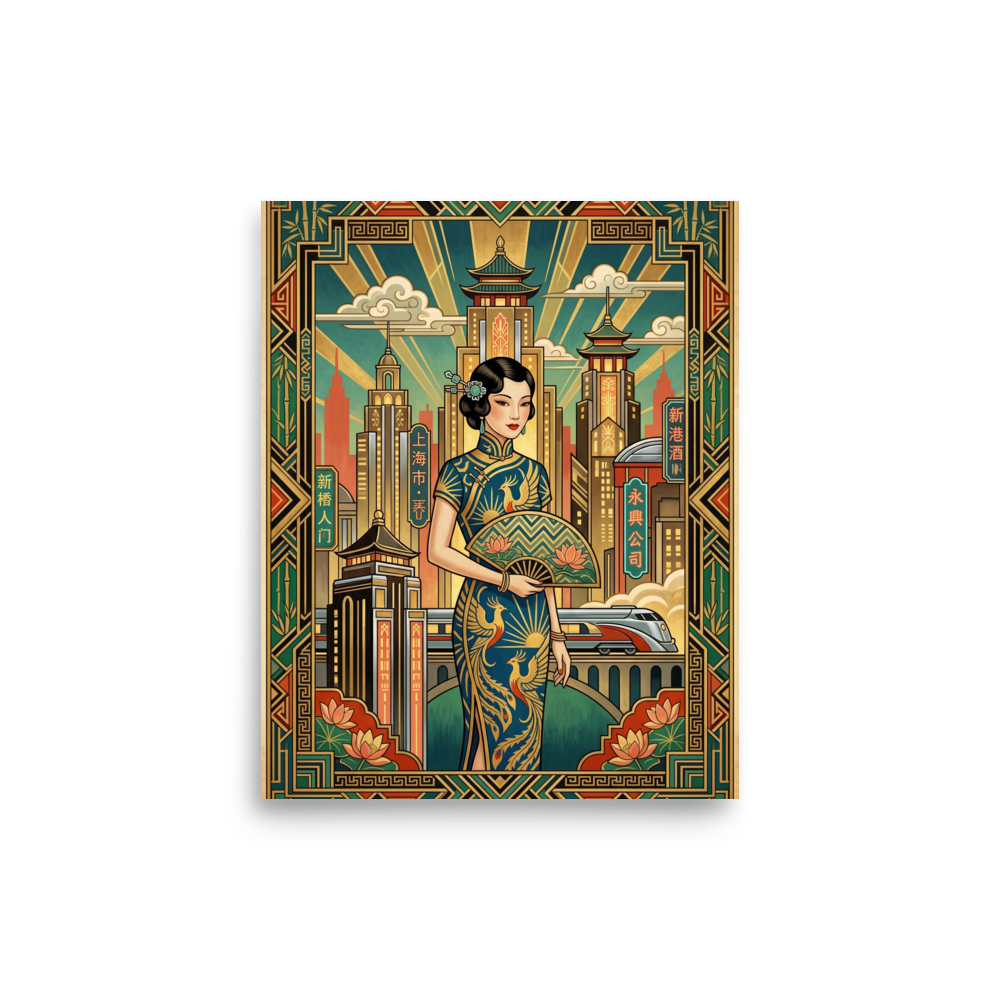 'Shanghai Moderne' — a Art Deco print. An intricate illustration of an elegant woman in a qipao standing before a blending of Art Deco skyscrapers and Chinese pagodas, a sophisticated choice for a living room.