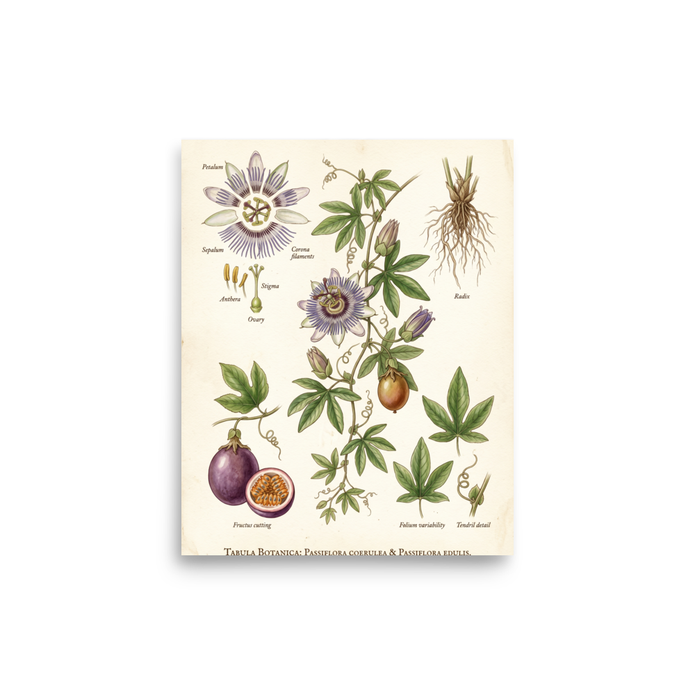 'Passiflora Botanical Study' — a Academic art,Realism print. Detailed botanical illustration of a passion flower plant, showing flowers, roots, and fruit.