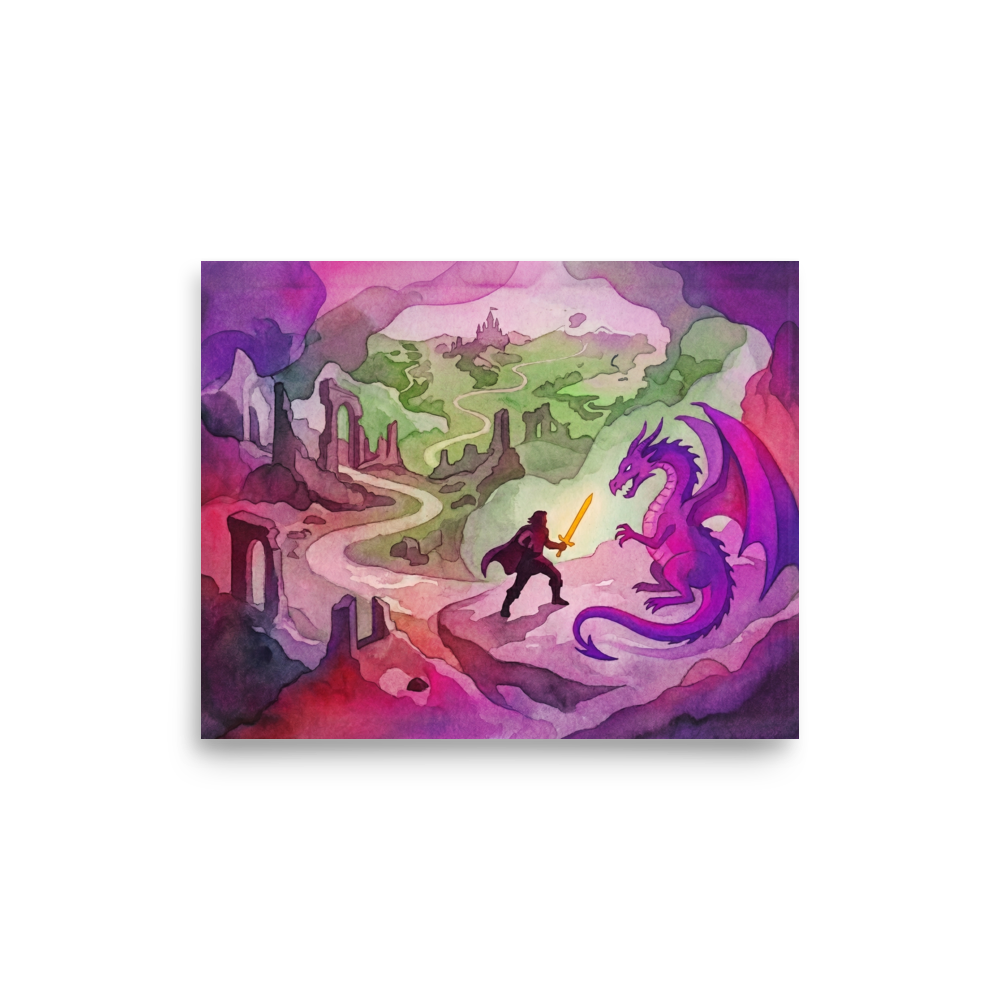 'The Dragon's Challenge' — a Fantastic realism print. A vibrant watercolor fantasy scene showing a knight with a glowing sword facing a purple dragon, with a winding path leading to a distant castle.