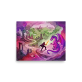 'The Dragon's Challenge' — a Fantastic realism print. A vibrant watercolor fantasy scene showing a knight with a glowing sword facing a purple dragon, with a winding path leading to a distant castle.