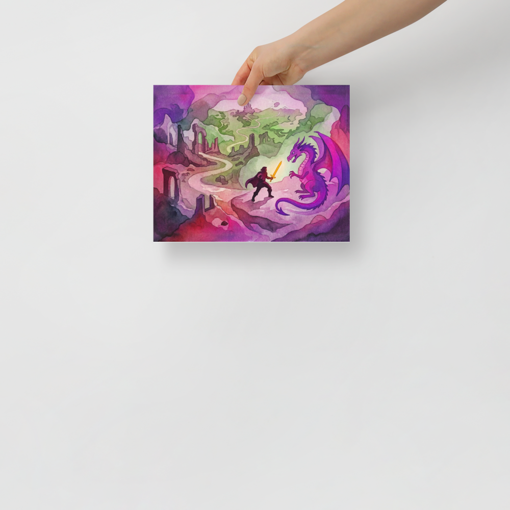 'The Dragon's Challenge' — a Fantastic realism print. A vibrant watercolor fantasy scene showing a knight with a glowing sword facing a purple dragon, with a winding path leading to a distant castle.