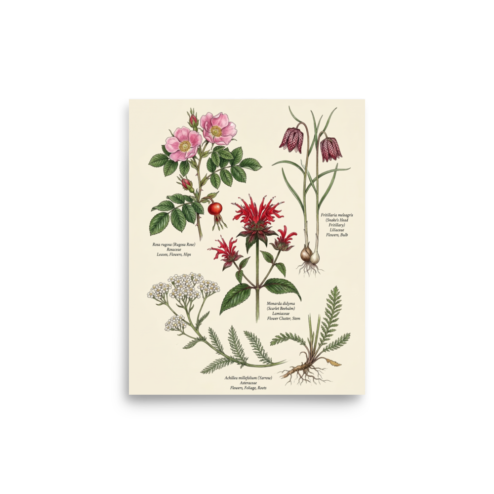 'Wildflowers and Herbs Compendium' — a Academic art,Realism print. Botanical illustration featuring a Rugosa Rose, Snake's Head Fritillary, Scarlet Beebalm, and Yarrow.