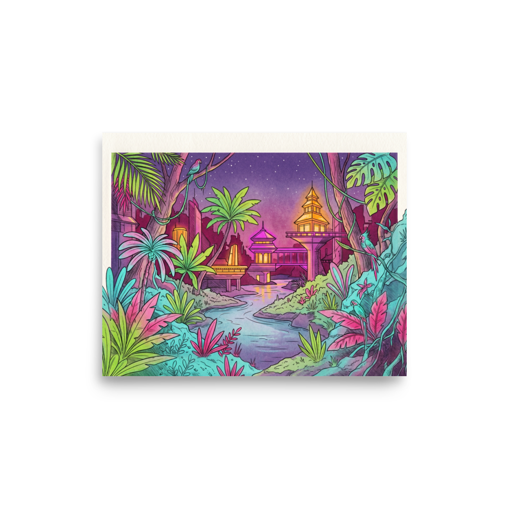 'Neon Nights in the Jungle' — a Retrofuturism,Psychedelic art print. A vibrant, neon-colored illustration of a futuristic jungle city with glowing pagodas, tropical plants, and a starry night sky.