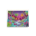 'Neon Nights in the Jungle' — a Retrofuturism,Psychedelic art print. A vibrant, neon-colored illustration of a futuristic jungle city with glowing pagodas, tropical plants, and a starry night sky.