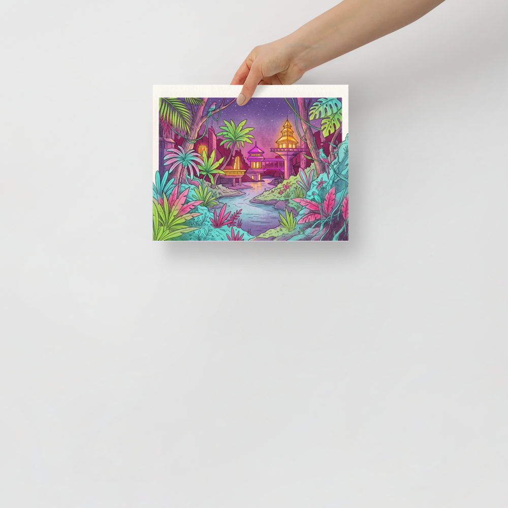 'Neon Nights in the Jungle' — a Retrofuturism,Psychedelic art print. A vibrant, neon-colored illustration of a futuristic jungle city with glowing pagodas, tropical plants, and a starry night sky.
